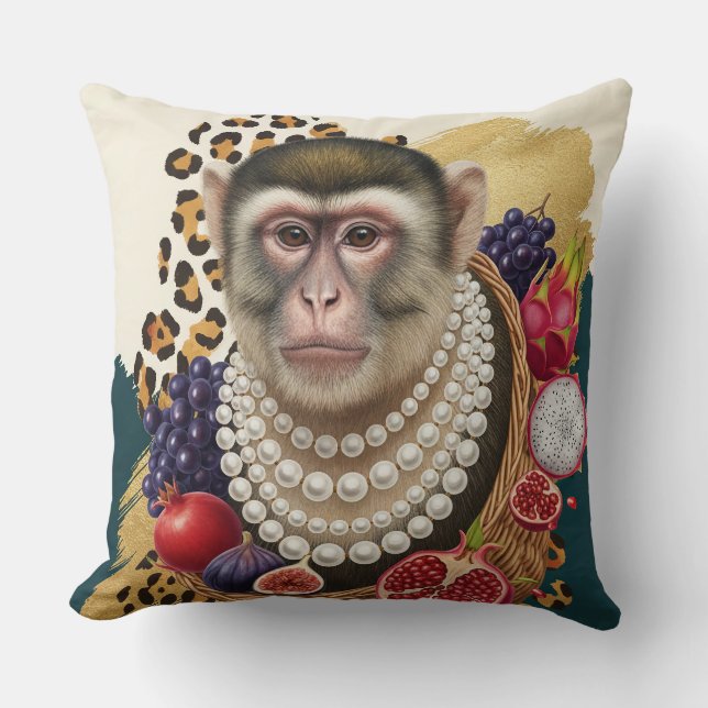 Eclectic Monkey with Pearls Throw Pillow, Chic Max Cushion (Front)