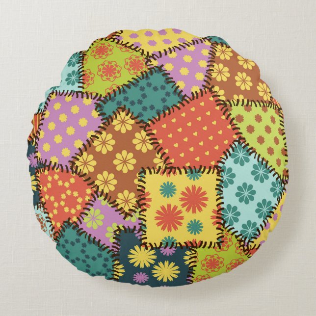 Eclectic Patchwork: Diverse Pattern Mix Round Cushion (Front)