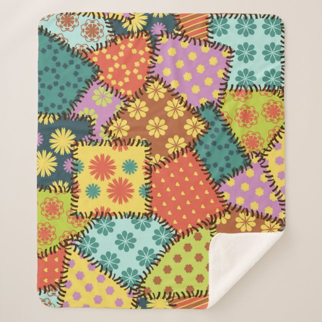 Eclectic Patchwork: Diverse Pattern Mix Sherpa Blanket (Front)