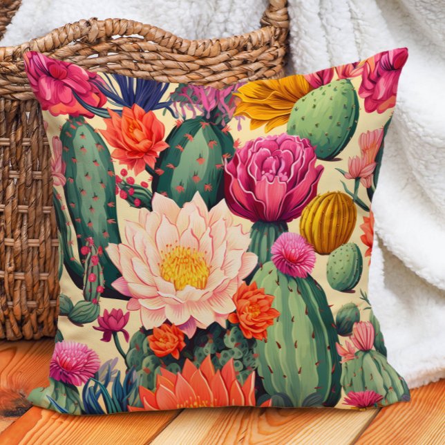 Eclectic Southwestern Cactus Desert  Cushion (Colorful succulents and cactus pillow)