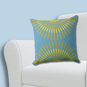 Eclectic Summer Yellow and Blue Feathery Fan Cushion