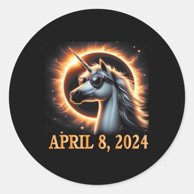 Eclipse 2024 Unicorn Wearing Solar Eclipse Gles  Classic Round Sticker (Front)
