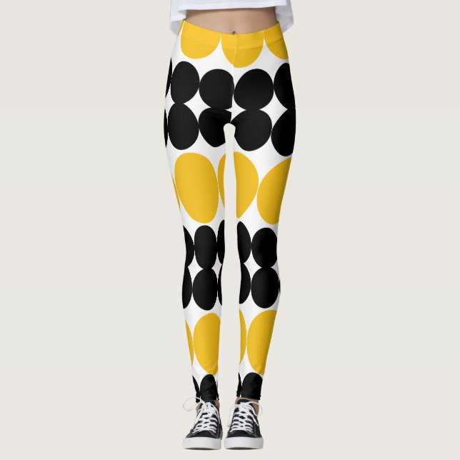 Eclipsing Circles, Yellow and Black Pattern Design Leggings (Front)