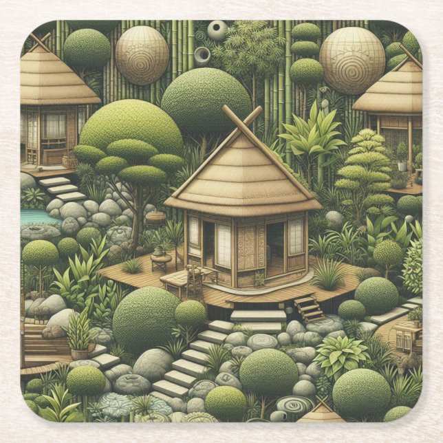 Eco-friendly Gardens and Buildings in Harmony  Square Paper Coaster (Front)