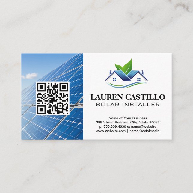 Eco Friendly Modern Home | Solar Panels | QR Business Card (Front)