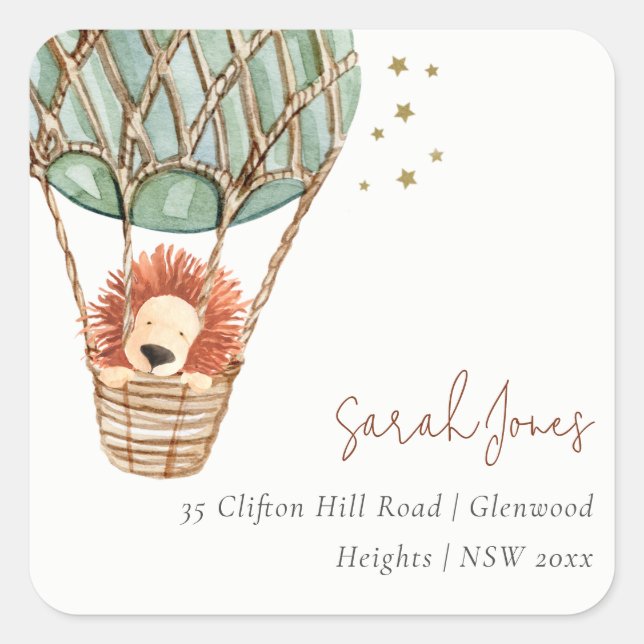 Eco Green Hot Air Balloon Lion Magical Address Square Sticker (Front)