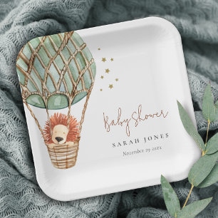 Eco Green Hot Air Balloon Lion Magical Baby Shower Paper Plate
