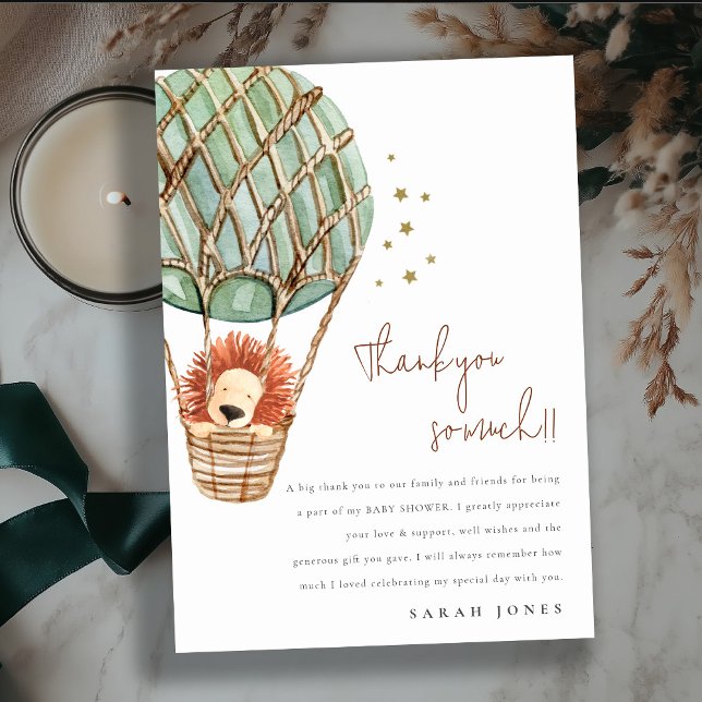 Eco Green Hot Air Balloon Lion Magical Baby Shower Thank You Card (Creator Uploaded)