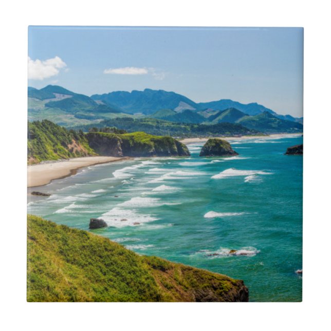 Ecola State Park, Oregon. Panorama of Crescent Ceramic Tile (Front)