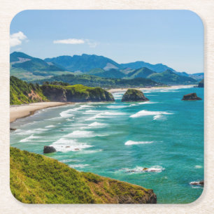 Ecola State Park, Oregon. Panorama of Crescent Square Paper Coaster