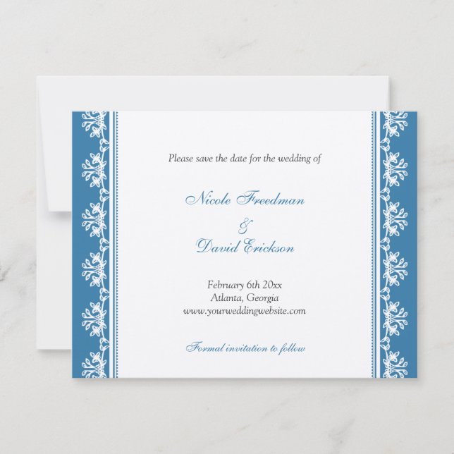 Ecru blue filigree border wedding announcement (Front)