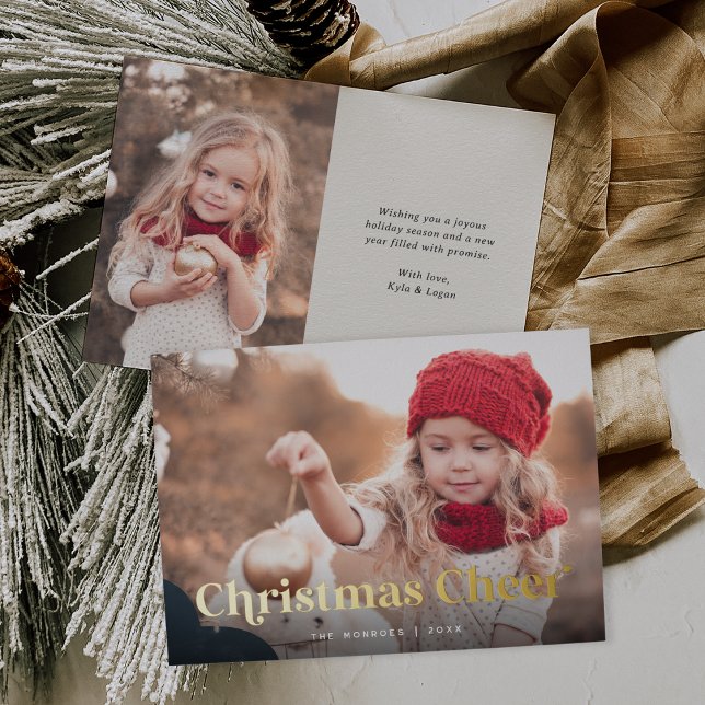 Ecru | Christmas Cheer Two Photo Gold Foil Holiday Card (Creator Uploaded)