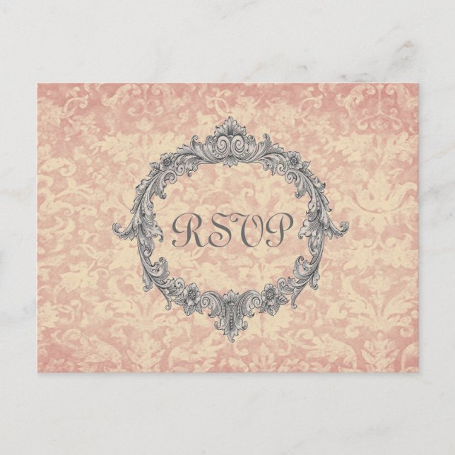 Ecru Damask RSVP Wedding Response V02D Invitation Postcard (Front)