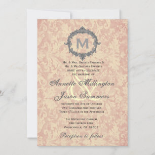 Ecru Damask Silver Vintage Frame Monogram Wedding Invitation