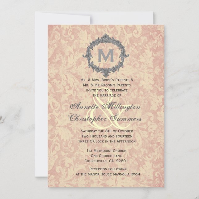 Ecru Damask Vintage Frame Monogram Wedding V1 Invitation (Front)