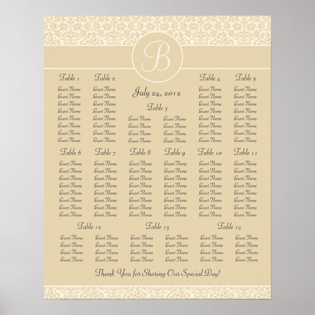 Ecru Damask Wedding Reception Seating Chart (Front)