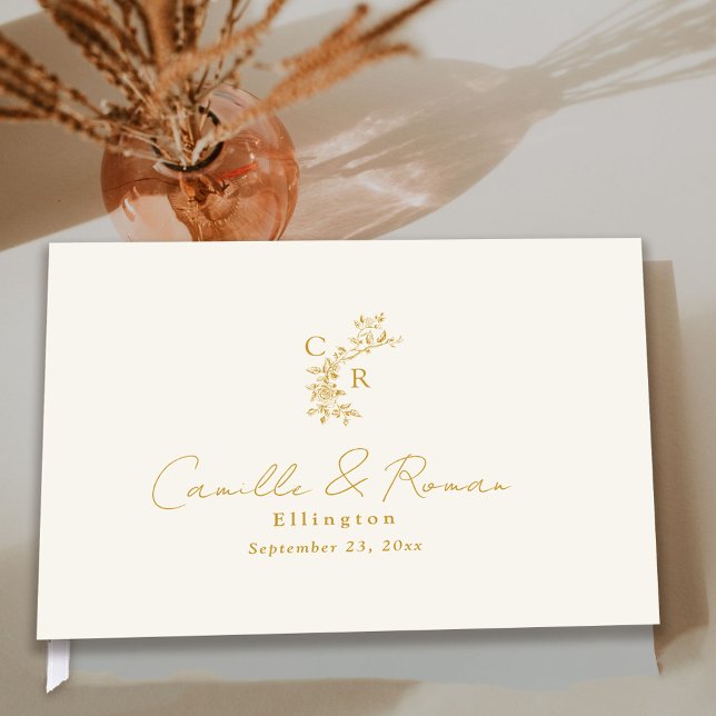 Ecru/Gold Floral Monogram Calligraphy Wedding Guest Book (Creator Uploaded)