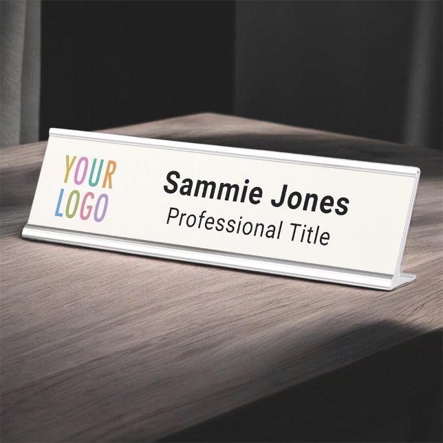Ecru Interchangeable Desk Name Plate Business Logo (MISOOK Ecru Name Plate with Logo)