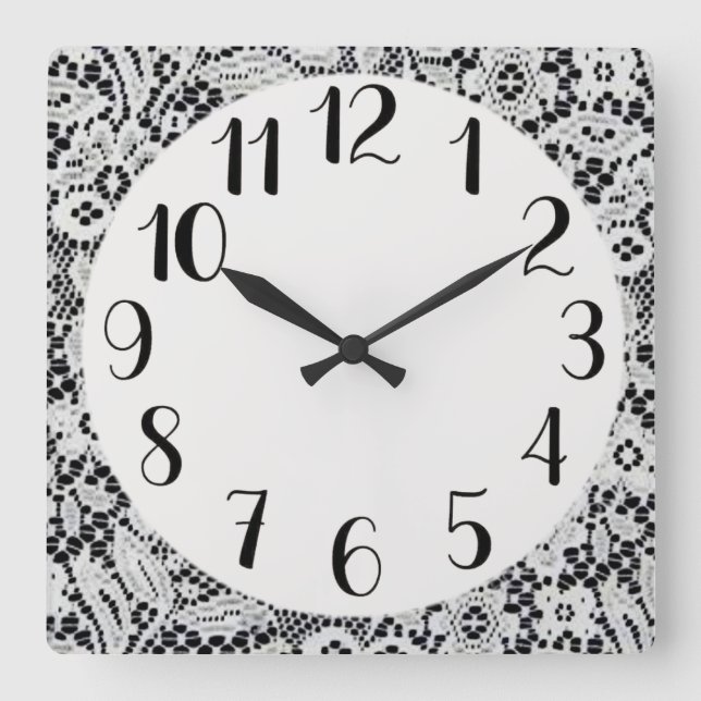 Ecru (Ivory) Lace on Black Square Wall Clock (Front)