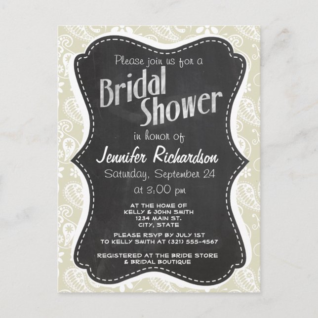 Ecru Paisley; Floral; Vintage Chalkboard Invitation Postcard (Front)