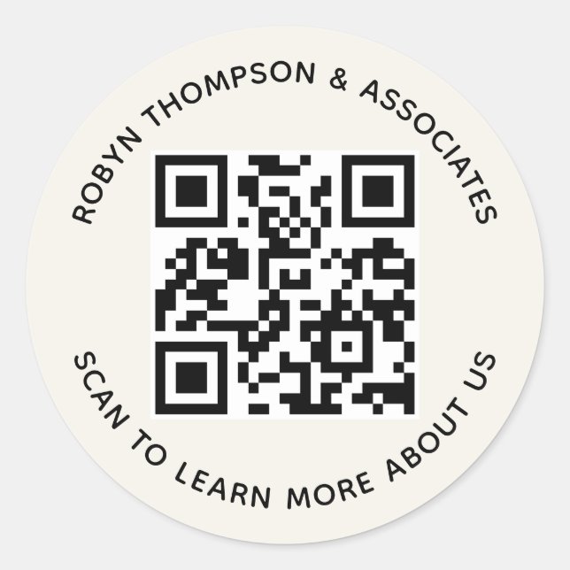 Ecru QR Code Stickers Custom Business Name Round (Front)