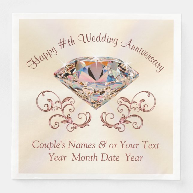 Ecru, Rose Gold Anniversary Napkins, Personalised Napkin (Front)
