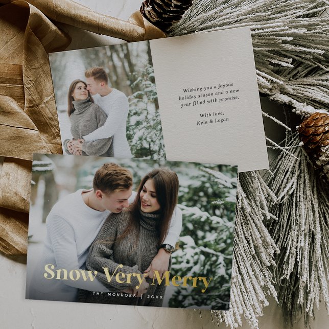 Ecru | Snow Very Merry Two Photo Gold Foil Holiday Card (Creator Uploaded)