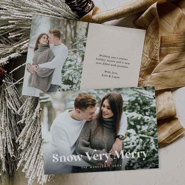 Ecru | Snow Very Merry Two Photo Holiday Card (Creator Uploaded)