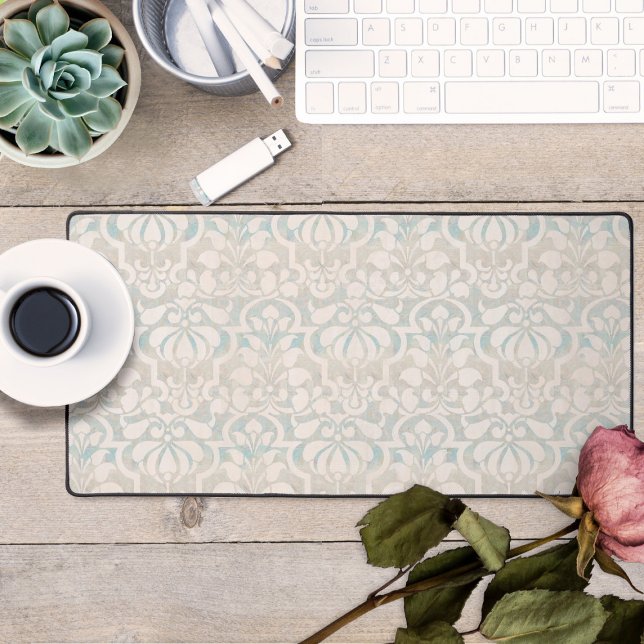 Ecru Vintage Victorian Damask Seamless Pattern  Desk Mat (Ecru cream colored vintage victorian floral damask desk mat mouse pad)