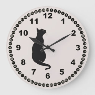 Ecru with Black Cat and Modern Face Large Clock