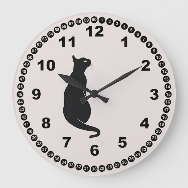 Ecru with Black Cat and Modern Face Large Clock (Front)