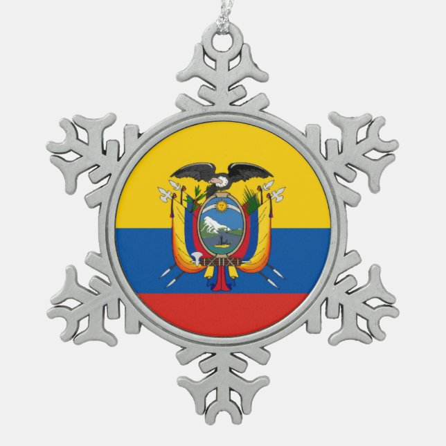 Ecuador country flag symbol long snowflake pewter christmas ornament (Front)