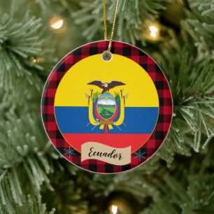 Ecuador, Red buffalo plaid & Ecuador Flag Ceramic Ornament