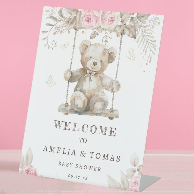 eddy Bear Pink Floral Baby Shower Welcome Pedestal Sign (Creator Uploaded)