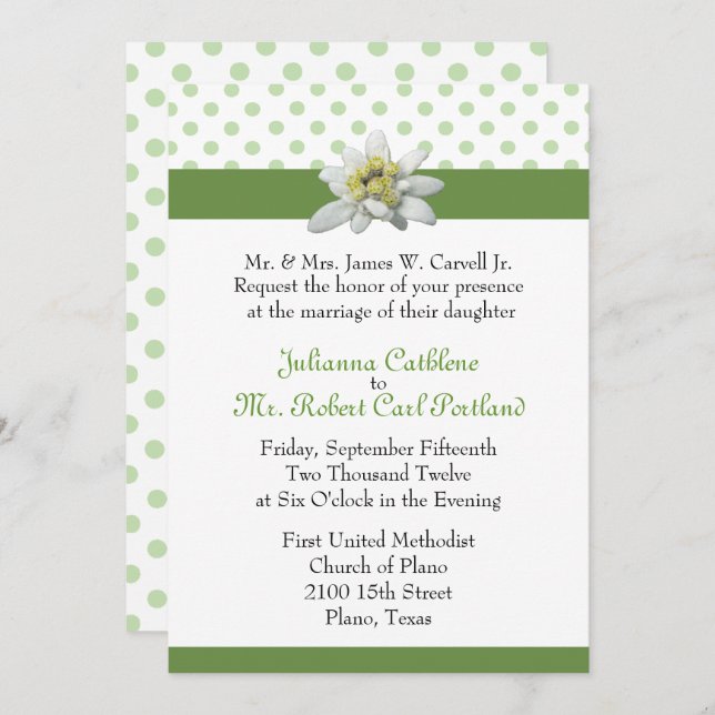 Edelweiss and Green Polka Dot Wedding Invitation (Front/Back)
