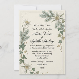 Edelweiss Flowers, Pine Needles, Ivy Leaves, Embos Invitation