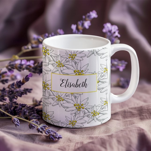 Edelweiss Hand-Illustrated Personalised Watercolor Coffee Mug (This Edelweiss mug features personalization in script among my own hand-drawn wildflowers.)