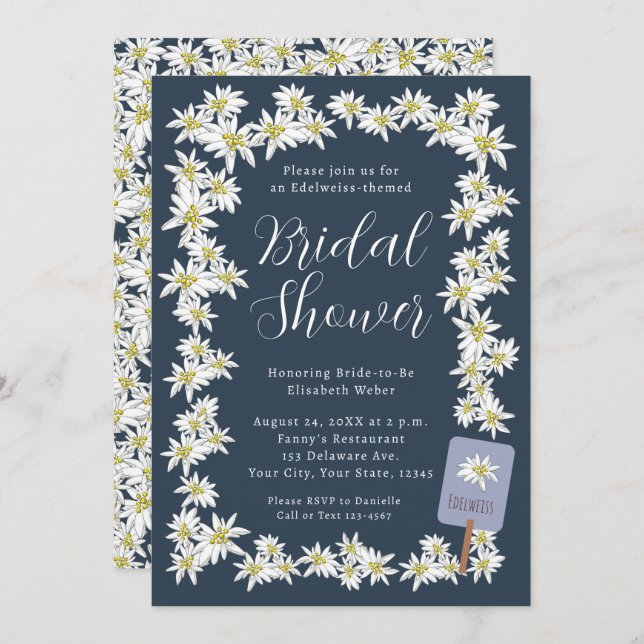Edelweiss Navy Blue Wildflower Bridal Shower Invitation (Front/Back)