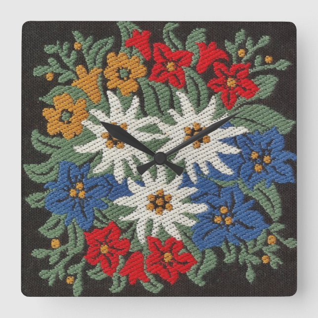 Edelweiss Swiss Alpine Flower Square Wall Clock (Front)