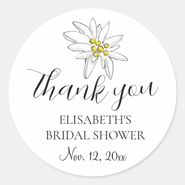 Edelweiss Wildflower Cute Bridal Shower Thank You  Classic Round Sticker (Front)