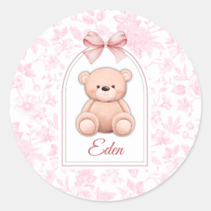 Eden   Custom Pink Teddy Bear Nursery Design  Classic Round Sticker