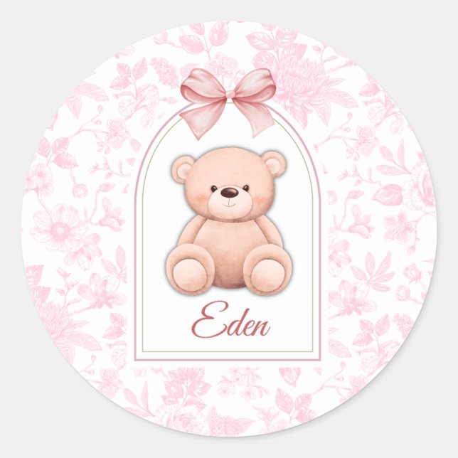 Eden | Custom Pink Teddy Bear Nursery Design  Classic Round Sticker (Front)