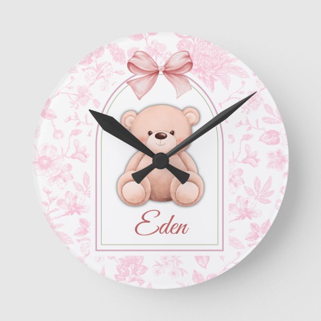 Eden | Custom Pink Teddy Bear Nursery Design  Round Clock (Front)