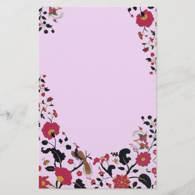 EDEN ,FLOWERS AND BIRDS Floral Monogram Pink  Stationery (Front)