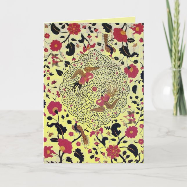 EDEN FLYING BIRDS, FLOWERS Red Black Yellow Floral Holiday Card (Front)