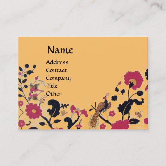 EDEN,WHIMSICAL GARDEN,BIRDS Black Red Peach Floral Business Card (Front)