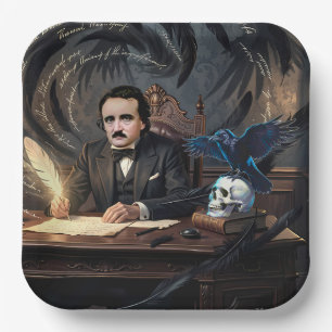 Edgar A. Poe Composing The Raven In Gothic Dreams Paper Plate