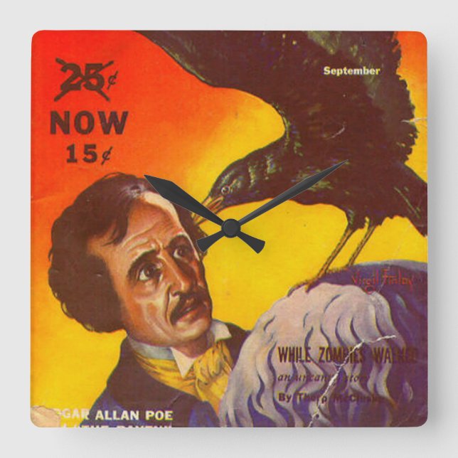 Edgar Allan Poe and Raven Pulp Magazine Cover Square Wall Clock (Front)