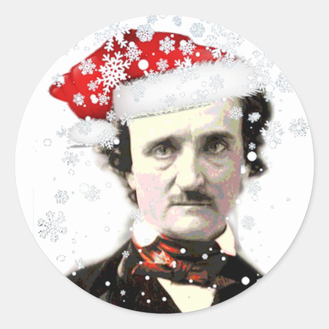 Edgar Allan Poe Christmas Hat Snowflake   Classic Round Sticker (Front)