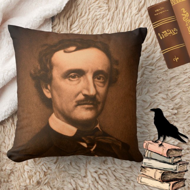 Edgar Allan Poe Headshot Gothic Moody Spooky Cushion (Add spooky gothic charm to your home with this moody Edgar Allan Poe throw pillow!)